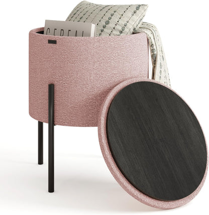 Round Ottoman with Storage – Modern Boucle Foot Stool & Vanity Seat for Living Room or Bedroom