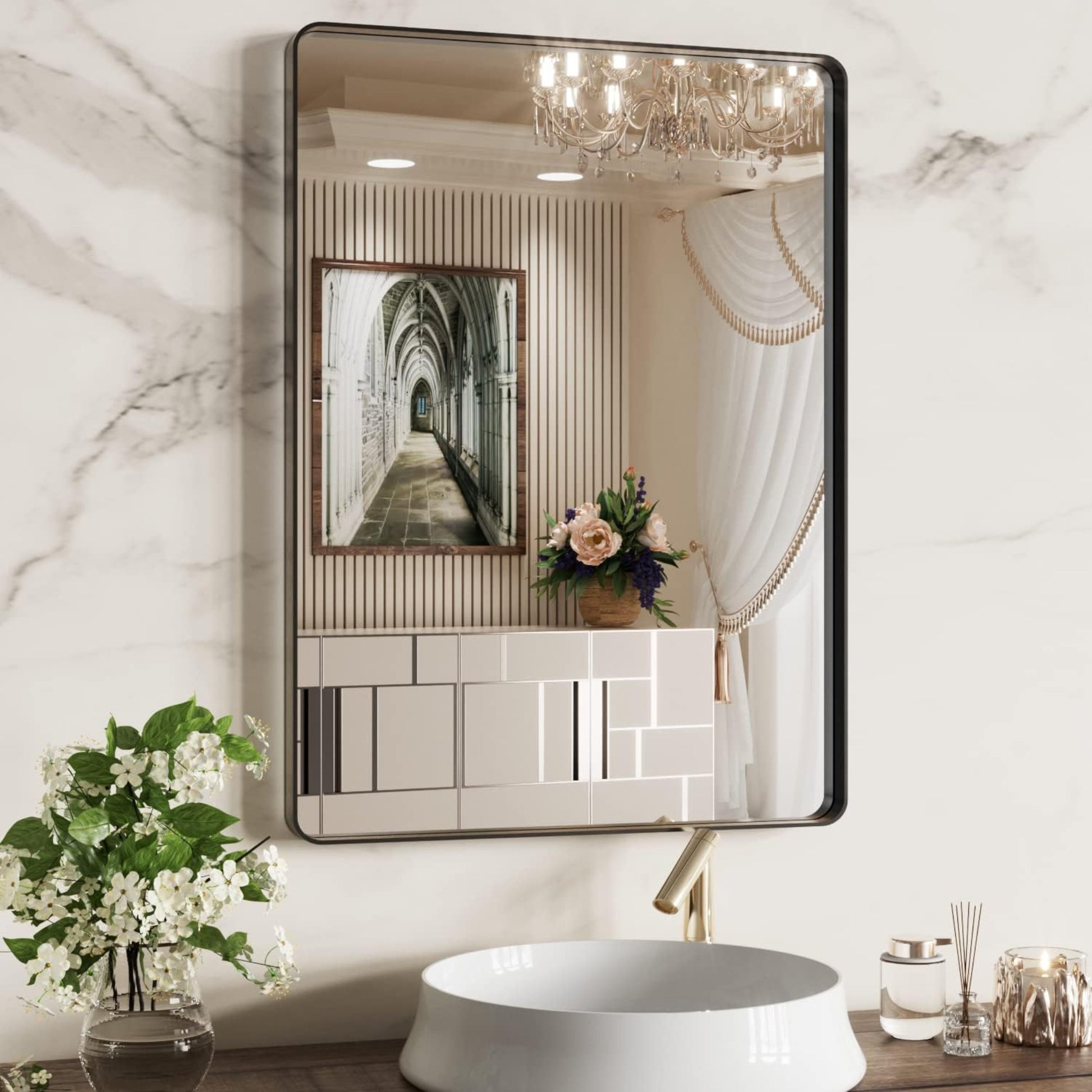 Black Bathroom Mirror 22X30 Inch, Rounded Rectangle Matte Black Bathroom Vanity Mirror, Black Metal Framed Mirror for Wall, Tempered Glass, Anti-Rust, Hangs Horizontal or Vertical