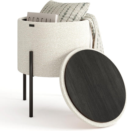 Round Ottoman with Storage – Modern Boucle Foot Stool & Vanity Seat for Living Room or Bedroom