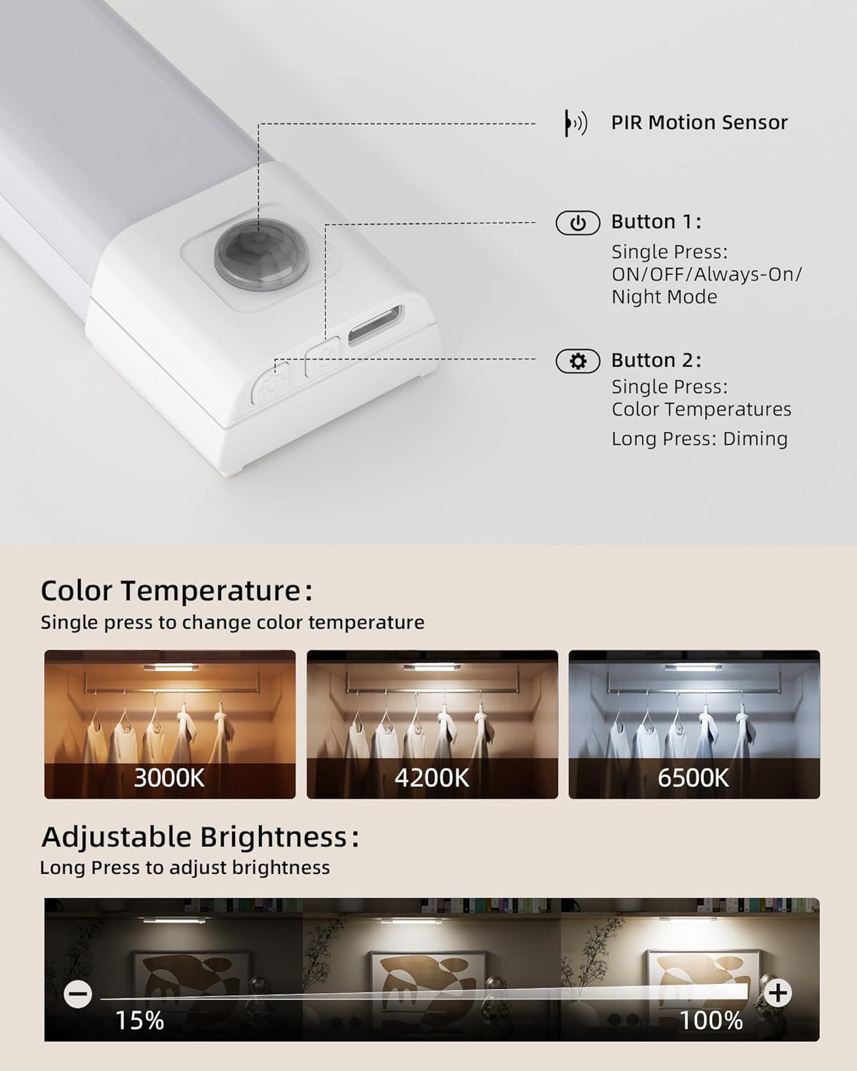 Rechargeable 30-LED Motion Sensor Closet Lights - Wireless Under Cabinet Lighting with 3 Color Temperatures & Dimmer (Set of 3)