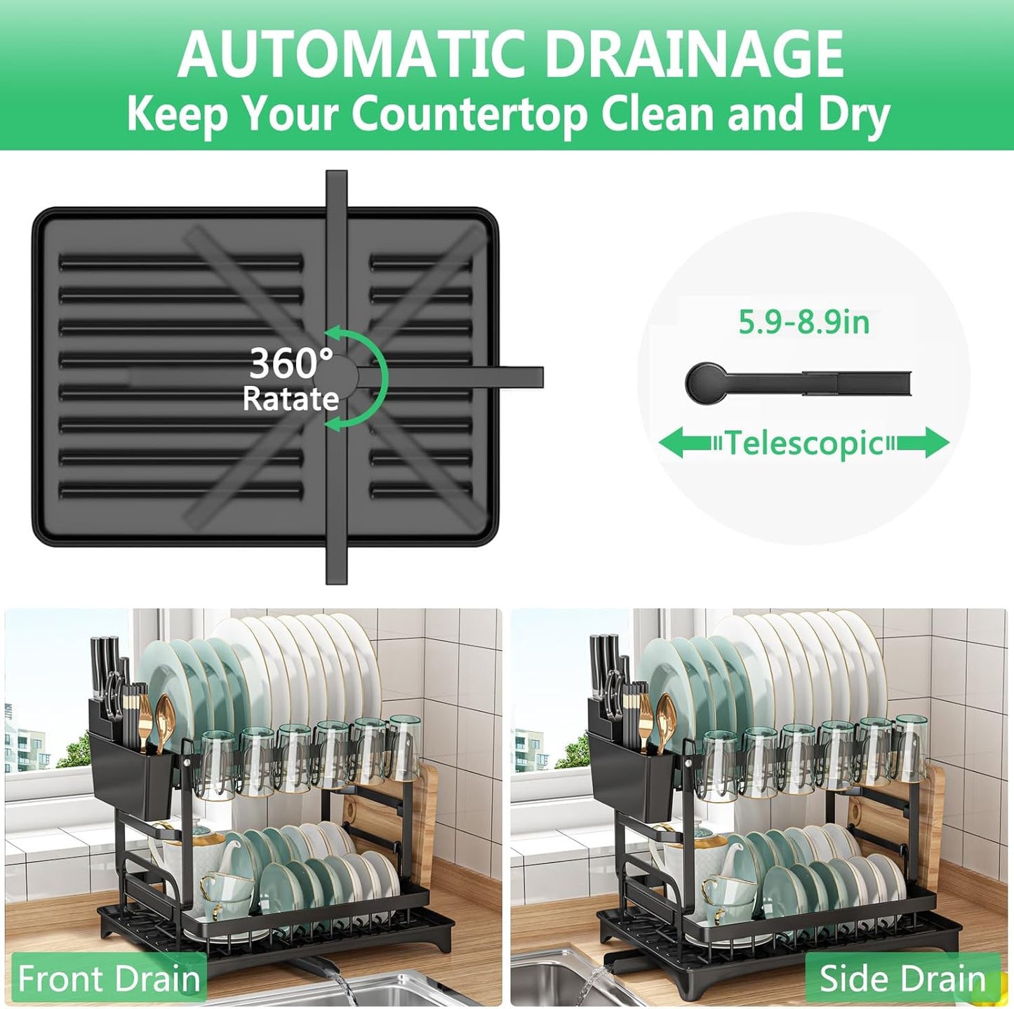 Dish Drying Rack, Multifunctional Dish Rack, Rustproof Kitchen Dish Drying Rack with Drainboard, Space-Saving 2-Tier Dish Drying Rack with Utensil Holder & Cup Holder for Kitchen Counter,Black