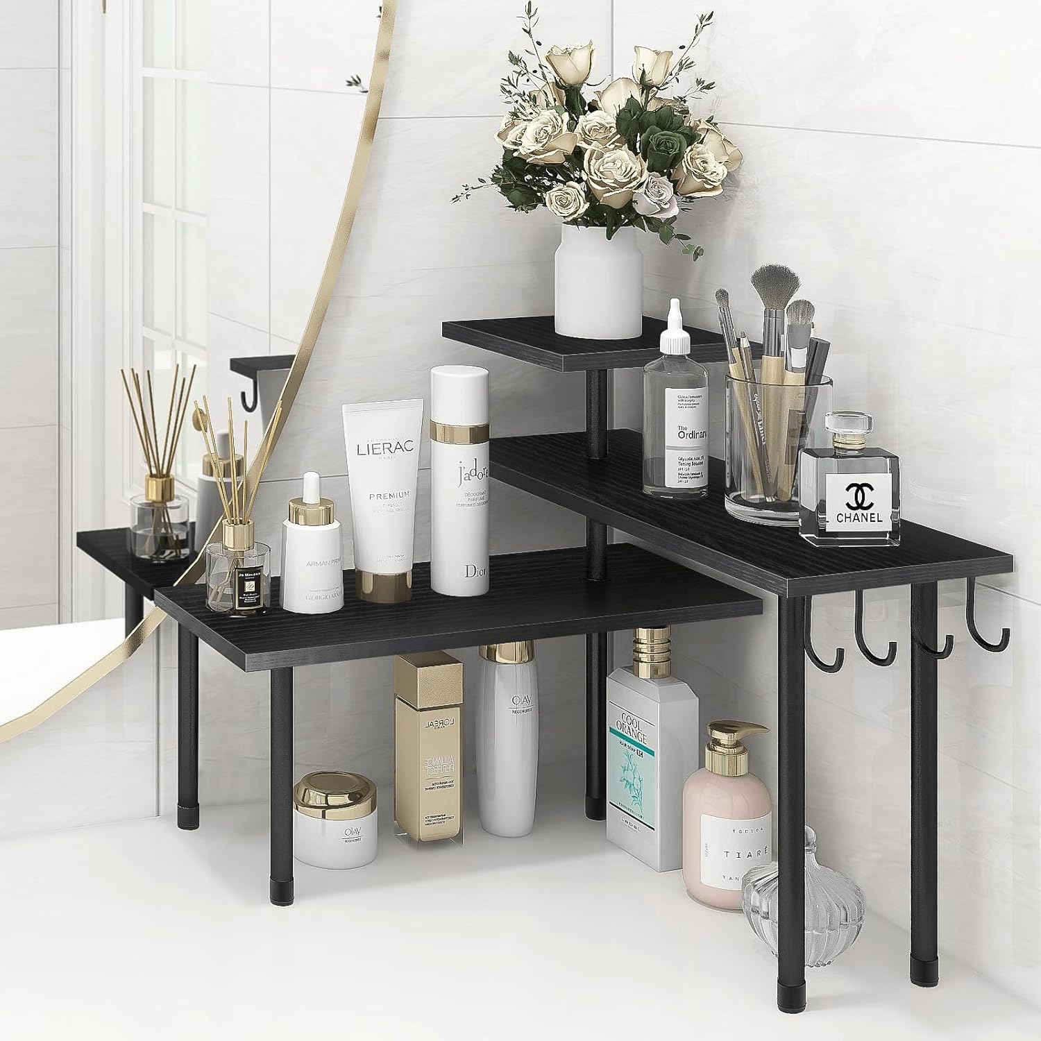 Bathroom Counter Organizer Corner Shelf, Kitchen Countertop Organizer, 3 Tier Wood Counter Shelf Stand for over the Sink, Coffee Station, Desktop, Black