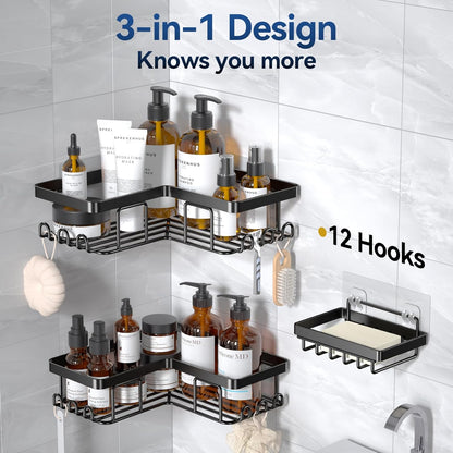 3-Pack Corner Adhesive Shower Caddy with Soap Holder and Hooks – Rustproof Stainless Steel, No-Drill Wall-Mounted Bathroom Organizer (Black)