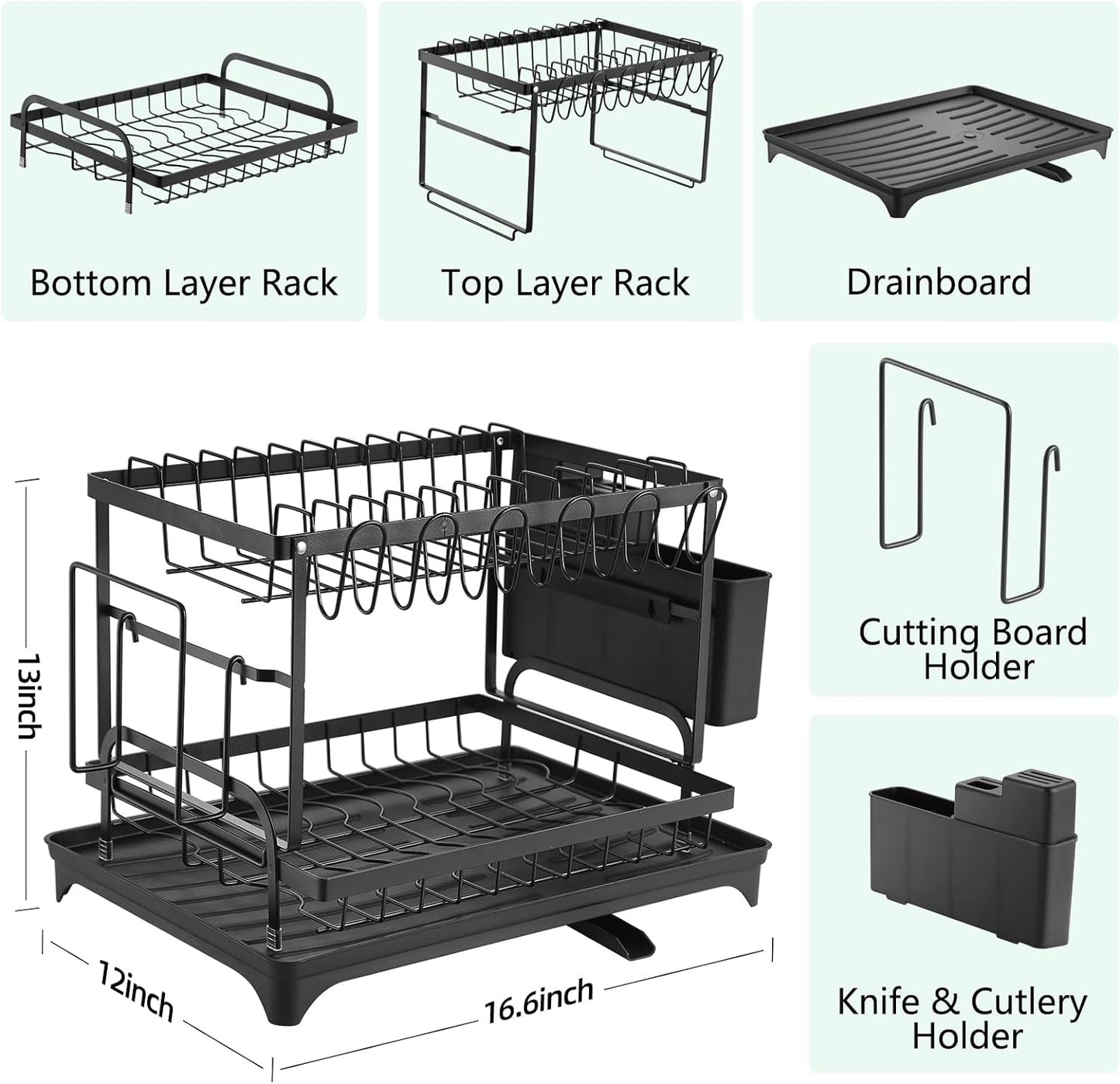 Dish Drying Rack, Multifunctional Dish Rack, Rustproof Kitchen Dish Drying Rack with Drainboard, Space-Saving 2-Tier Dish Drying Rack with Utensil Holder & Cup Holder for Kitchen Counter,Black