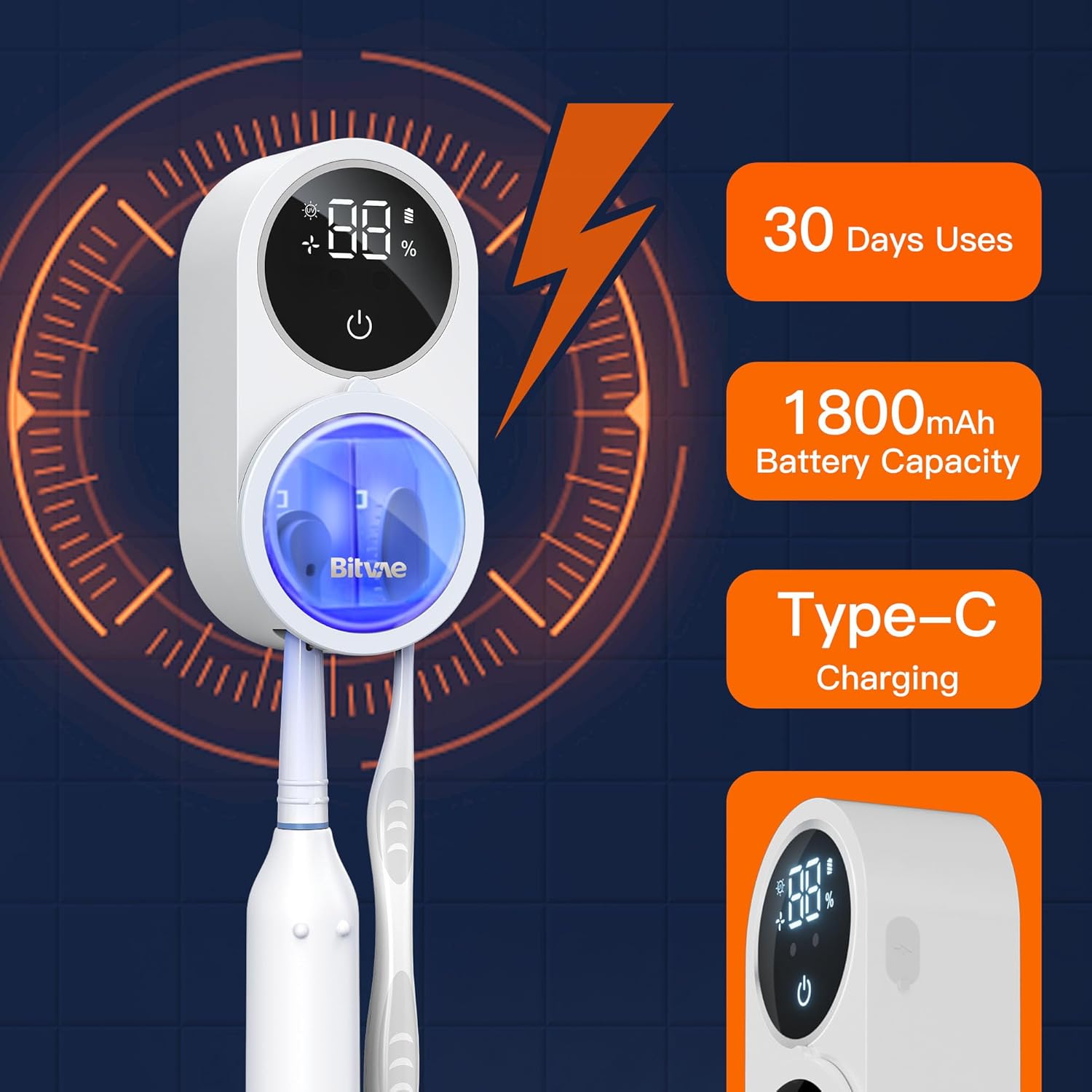 Rechargeable Wall-Mounted Toothbrush Cleaner with LED Smart Screen - Hygienic Cleaning & Air Drying