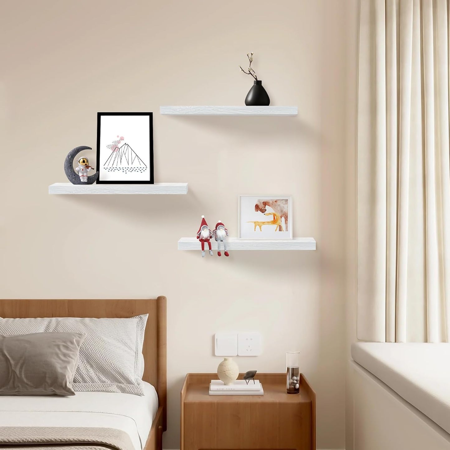 White Floating Shelves for Wall Set of 3, 16" White Wall Mounted Shelves for Home Decor & Bedroom.