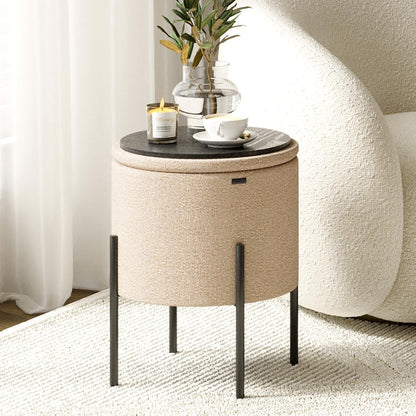 Round Ottoman with Storage – Modern Boucle Foot Stool & Vanity Seat for Living Room or Bedroom