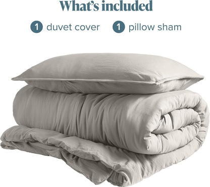 Ultra Soft Washed Microfiber Twin/Twin XL Duvet Cover with Zipper and Securing Ties and 1 Std. Pillow Sham, Linen Like Look, Easy Care, Hypoallergenic (Twin/Twin XL, Fog)