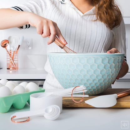 17 Pcs White Silicone & Copper Kitchen Utensils Set with Holder -  Rose Gold Kitchen Utensils Set Includes White & Copper Measuring Cups and Spoons & Copper Utensil Holder - Kitchen Accessories