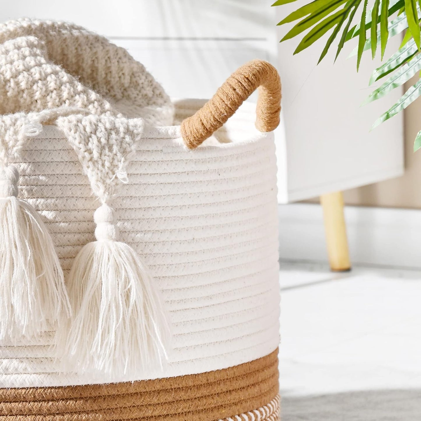 Large Blanket Basket (20"X13"),Woven Baskets for Storage Baby Laundry Hamper, Cotton Rope Blanket Basket for Living Room, Laundry, Nursery, Pillows, Baby Toy Chest (White/Brown)