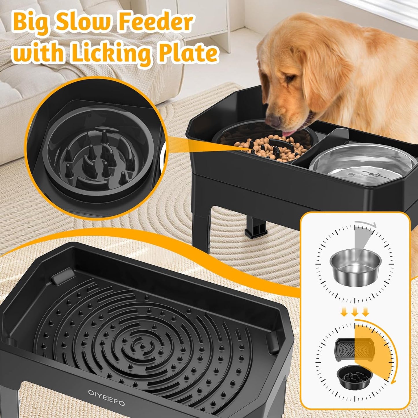 4 in 1 Large Elevated Dog Bowls: 4 Adjustable Height Raised Dog Bowl Stand with Mess Proof Design - Slow Feeder Licking Plate with 2 * 53Oz Food Bowls