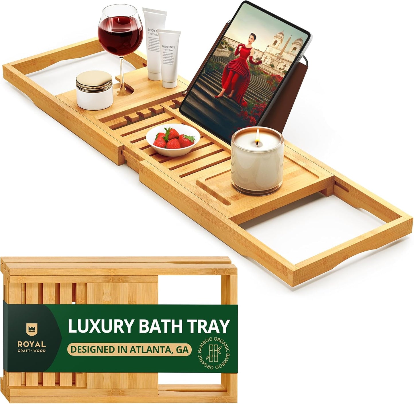 Premium Foldable Bathtub Tray - Wood Bath Tray for Tub, Bamboo Bathtub Shelf, Expandable Bath Table Tray, Luxury Bathtub & Bathroom Accessories for New Home & Unique