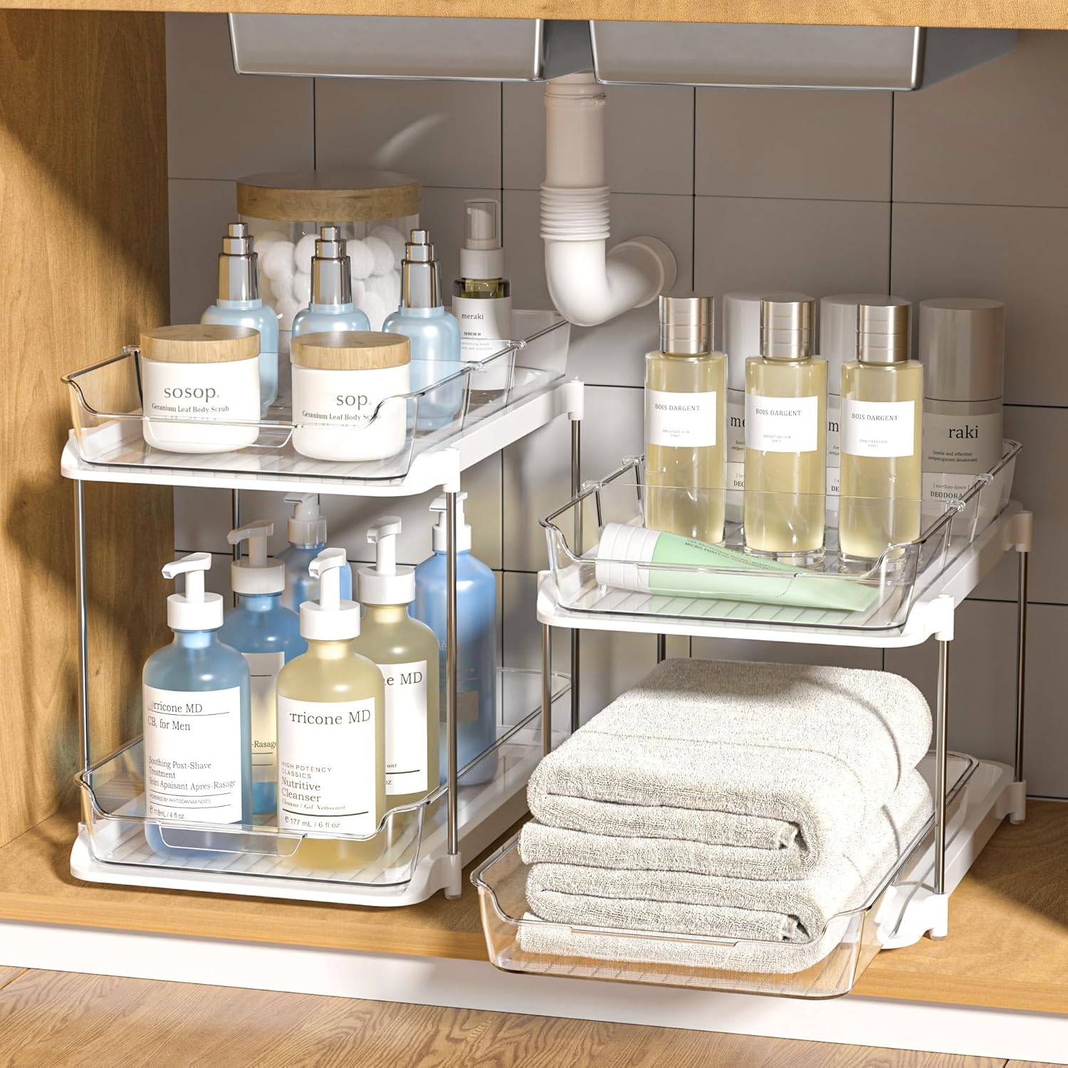 "2 Sets 2-Tier Under Sink Organizers - Stackable Bathroom & Kitchen Storage with Pull-Out Dividers"