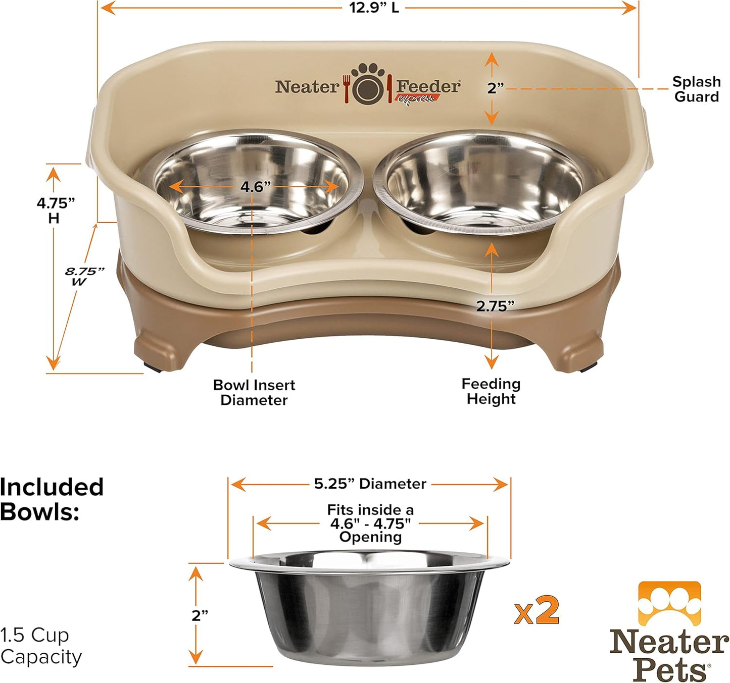 Express Model Mess-Proof Dog Bowls - Small, Cappuccino, Elevated, Non-Spill, Non-Slip - Made in USA