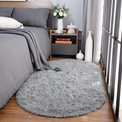 Ultra Soft Shaggy Grey Oval Rug 2.6' x 5.3' - Non-Slip Carpet for Bedroom, Kids Room, Living Room