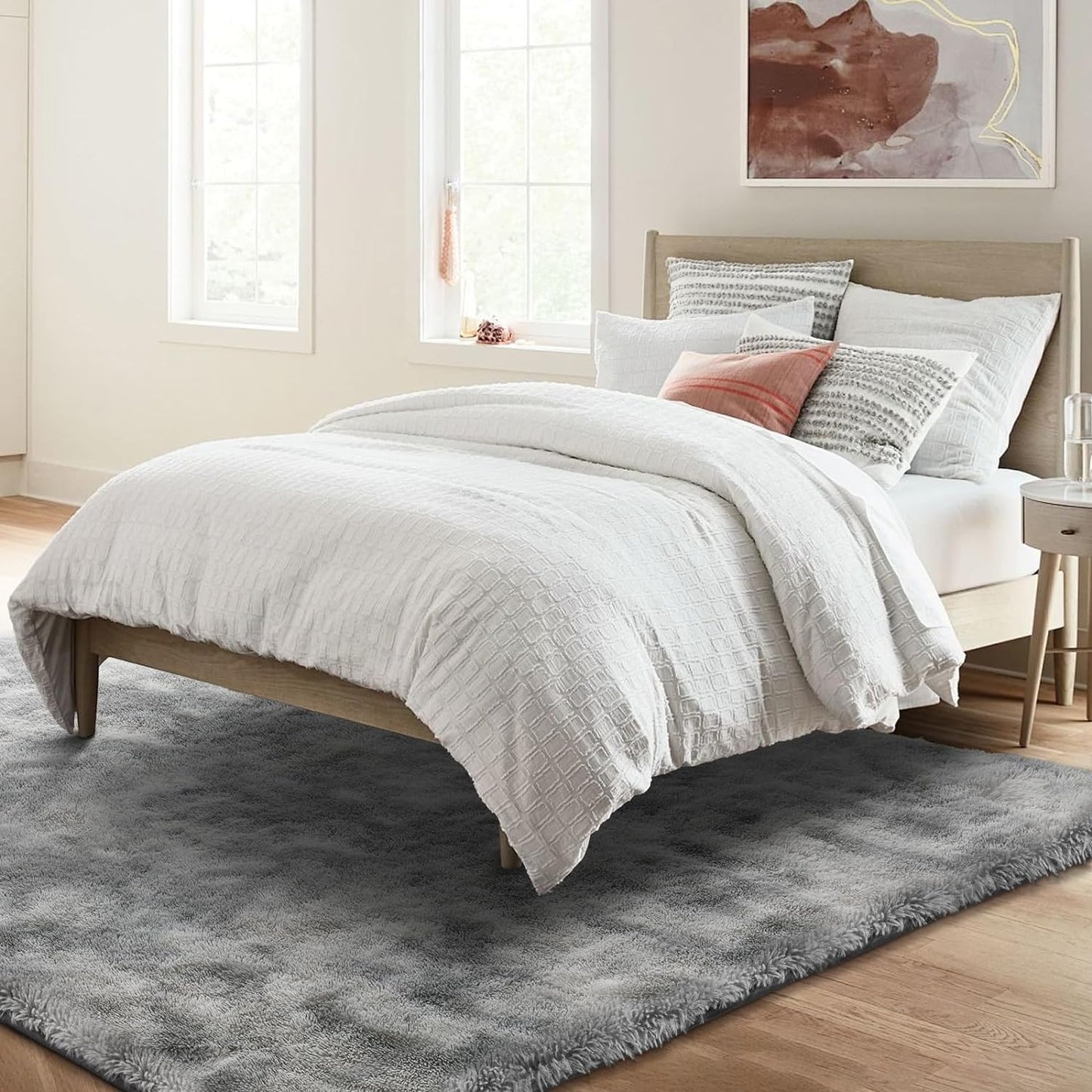 Area Rug 4x6' Light Grey Fluffy  - Modern High Pile, Soft Anti-Skid Carpet for Bedroom  Decor