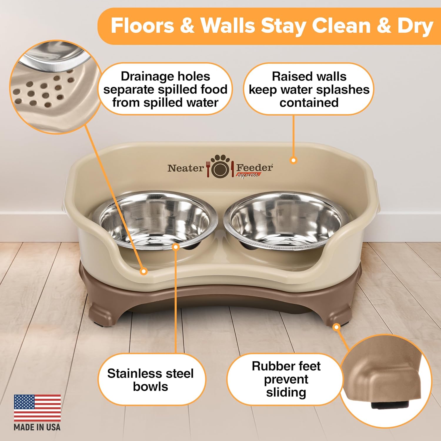 Express Model Mess-Proof Dog Bowls - Small, Cappuccino, Elevated, Non-Spill, Non-Slip - Made in USA