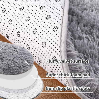 Ultra Soft Shaggy Grey Oval Rug 2.6' x 5.3' - Non-Slip Carpet for Bedroom, Kids Room, Living Room