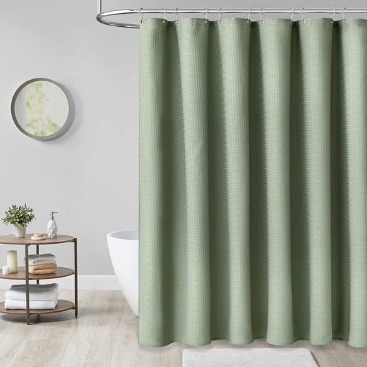 Sage Green Shower Curtain - Waffle Textured Heavy Duty Thick Fabric Shower Curtains for Bathroom, 256GSM Luxury Weighted Polyester Cloth Bath Curtain Set with 12 Plastic Hooks，72Wx72H,Green