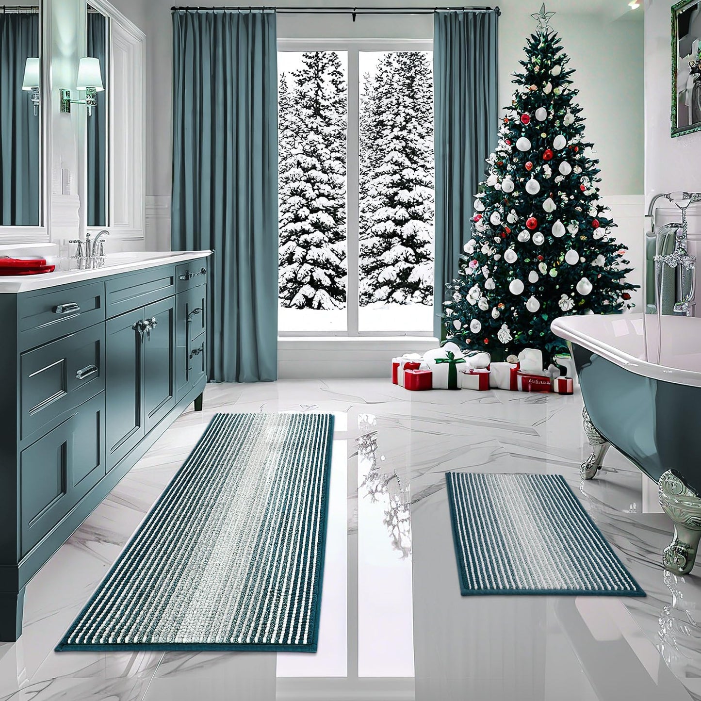 Bathroom Rugs and Mats Sets, 2 Piece Thick Absorbent Bath Mat Rug Set Non Slip, Soft Shaggy Mats for Bathroom, Machine Washable (20" X 60" plus 20" X 32", Teal)