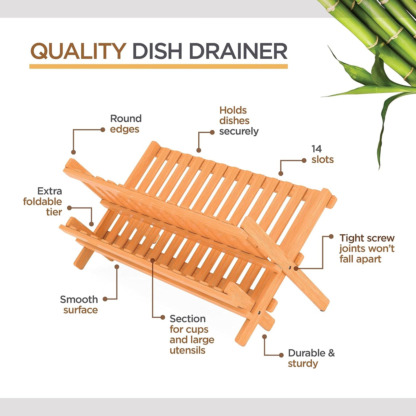 Bamboo Dish Drying Rack - Collapsible 2-Tier Dish Drainer Kitchen Plate Rack for Kitchen Countertop - Foldable & Compact for Space-Saving Storage