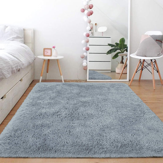 Super Soft Shaggy Rug Fuzzy Long Fur Carpets for Bedroom Living Room Decor, 4 X 6 Feet Gray Blue