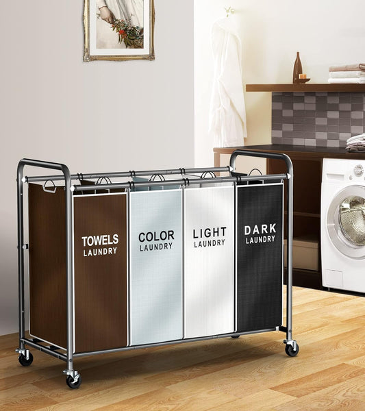 Laundry Sorter, 4 Section Laundry Hamper with Wheels, Rolling Laundry Basket with Large Capacity and Removable Bags for Clothes Storage