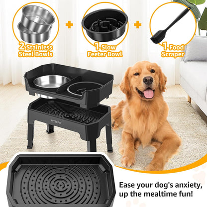 4 in 1 Large Elevated Dog Bowls: 4 Adjustable Height Raised Dog Bowl Stand with Mess Proof Design - Slow Feeder Licking Plate with 2 * 53Oz Food Bowls