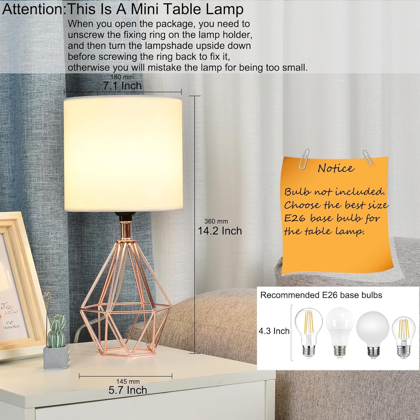 Modern Farmhouse Table Lamp – Black or Rose Gold Geometric Base with White Fabric Shade