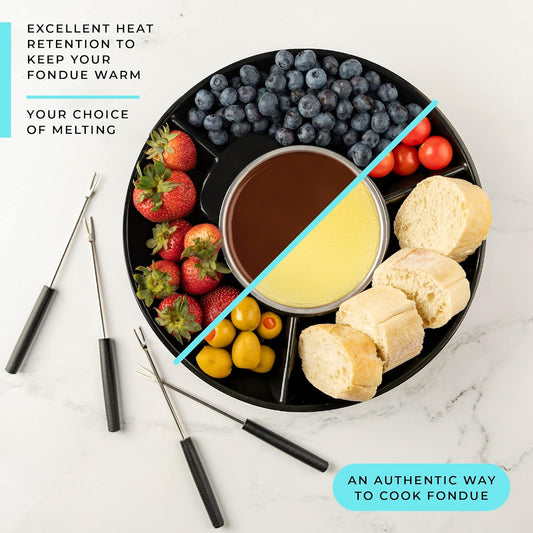 Electric Fondue Pot Set - Chocolate Fondue Kit - Temperature Control, Detachable Serving Trays, & 4 Roasting Forks - Gift Set & Date Night Idea. Serve at Movie Night or Game Night.