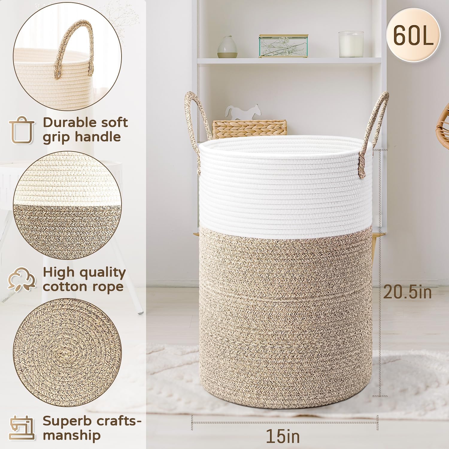 Laundry Basket,Woven Cotton Rope Laundry Hamper,60L for Decor Storage of Dirty Clothes,Toys and Blankets in Bathroom,Baby Room and Living Room