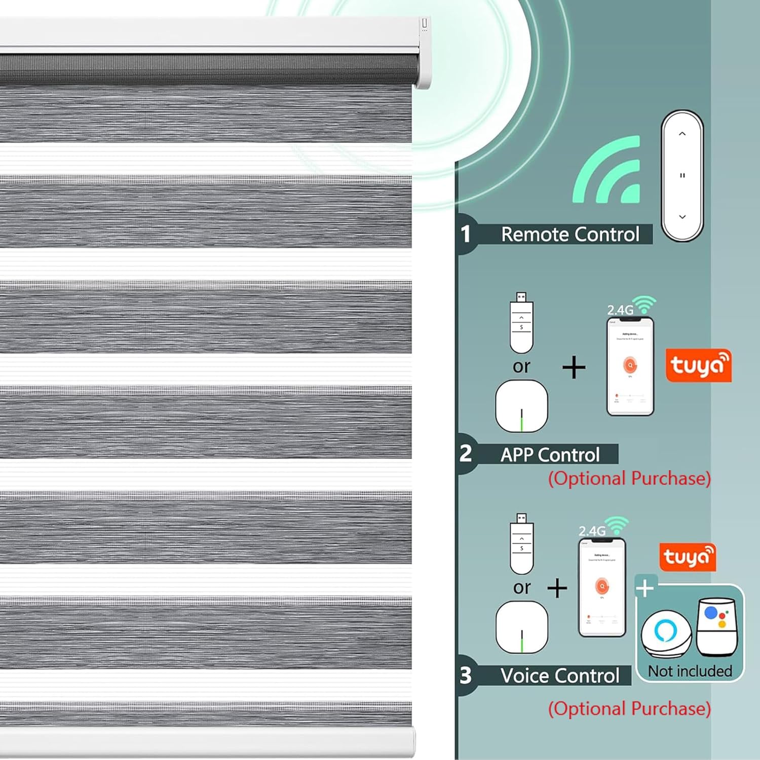 Motorized Zebra Blinds - Custom Electric Window Shades with Remote & Smart Control, Hemp Grey (24" W x 72" H)