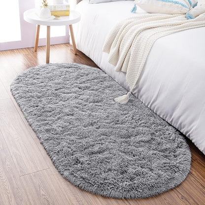 Ultra Soft Shaggy Grey Oval Rug 2.6' x 5.3' - Non-Slip Carpet for Bedroom, Kids Room, Living Room