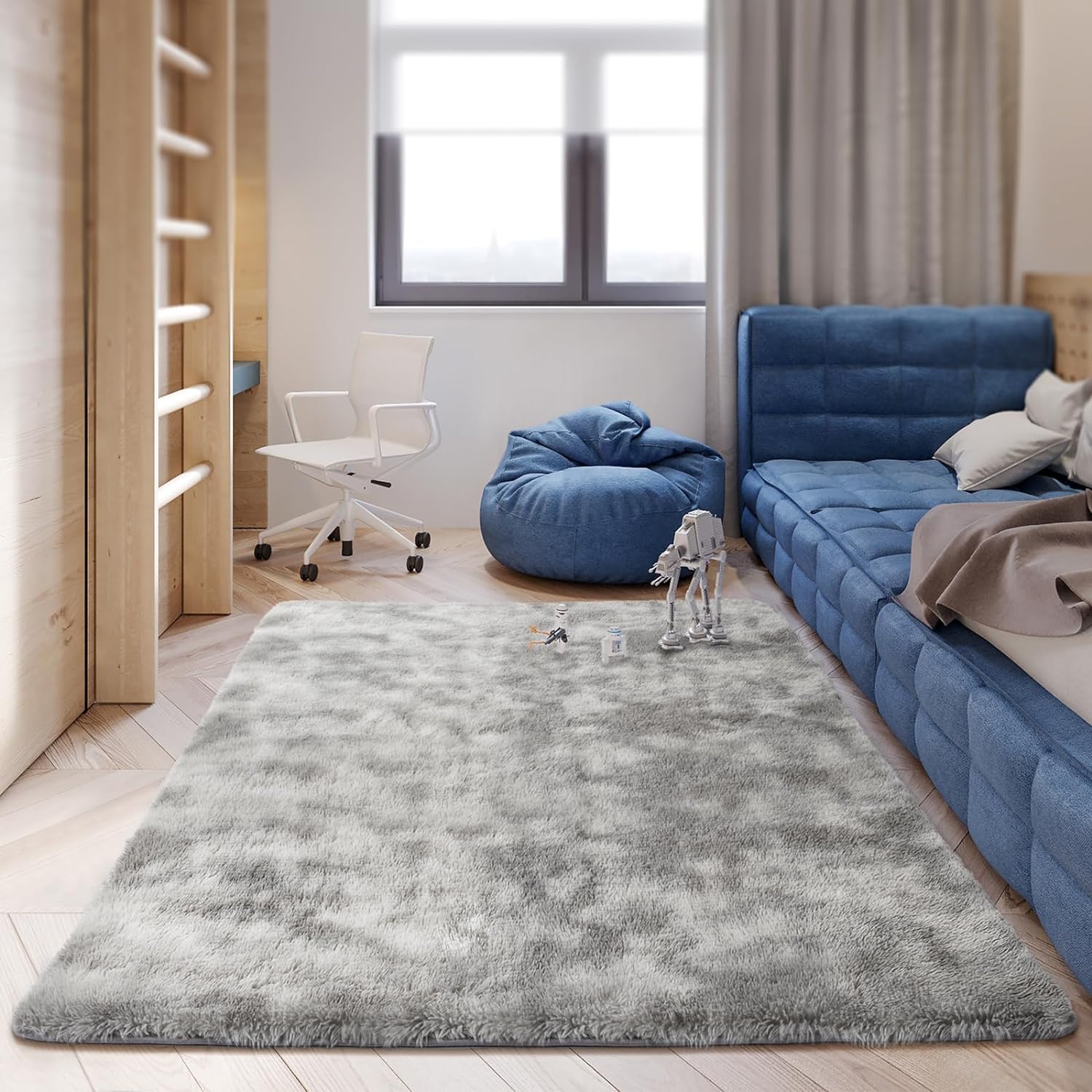 Area Rug 4x6' Light Grey Fluffy  - Modern High Pile, Soft Anti-Skid Carpet for Bedroom  Decor