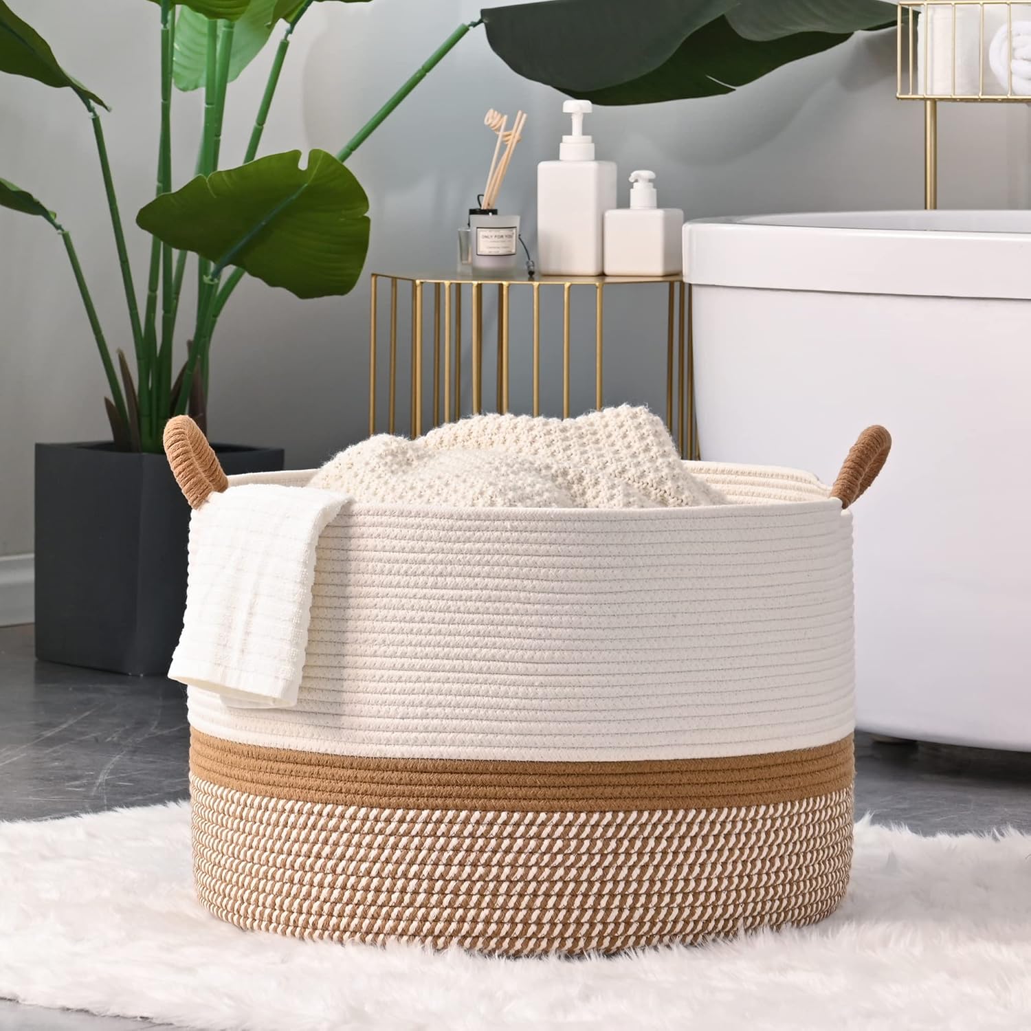 Large Blanket Basket (20"X13"),Woven Baskets for Storage Baby Laundry Hamper, Cotton Rope Blanket Basket for Living Room, Laundry, Nursery, Pillows, Baby Toy Chest (White/Brown)