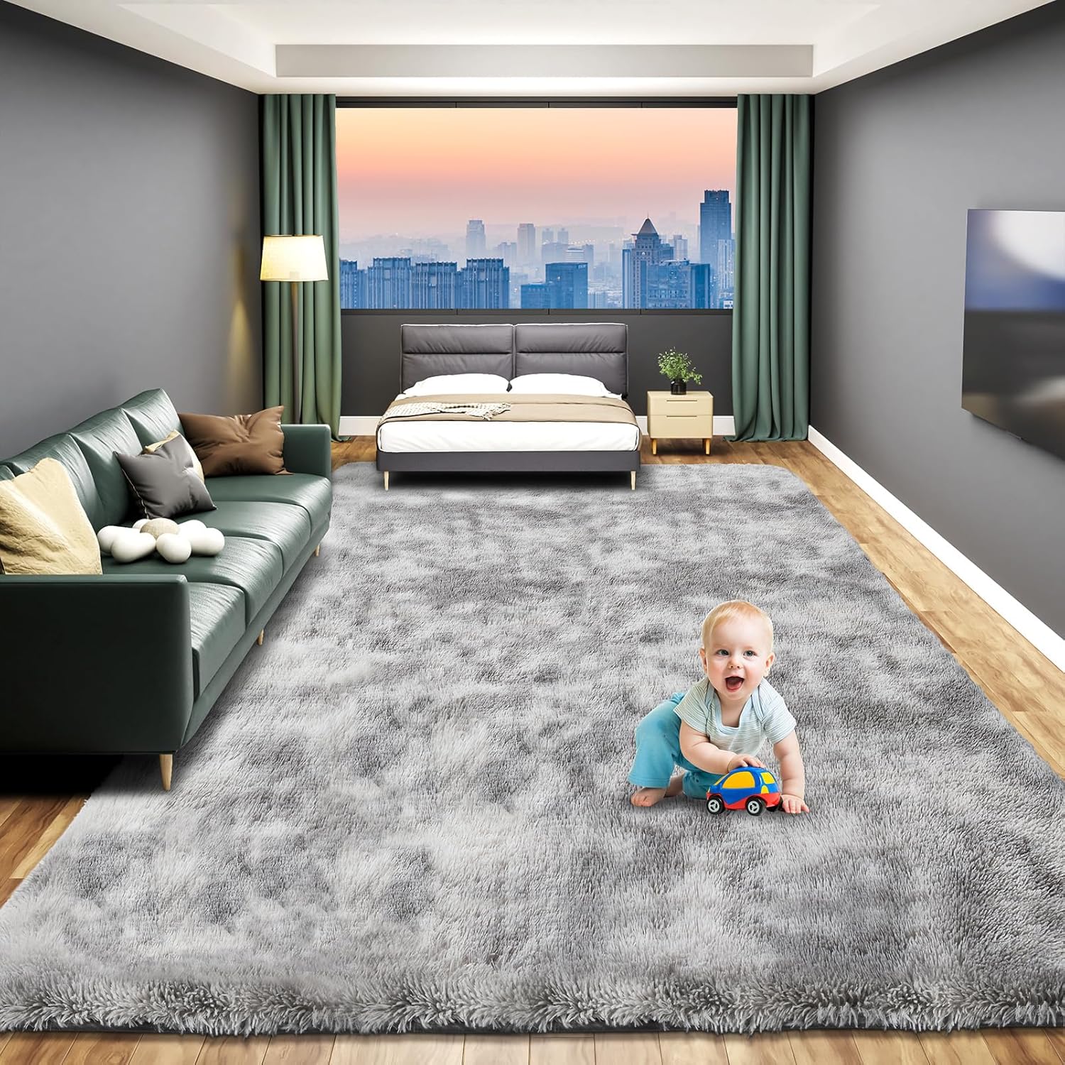 Area Rug 4x6' Light Grey Fluffy  - Modern High Pile, Soft Anti-Skid Carpet for Bedroom  Decor