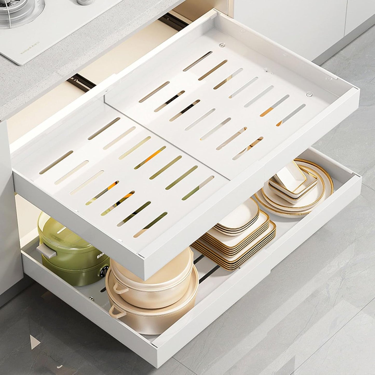 Expandable Pull-Out Cabinet Organizer – Slide-Out Drawers for Effortless Kitchen & Pantry Organization (White, 16.5" Deep/ Adjustable)