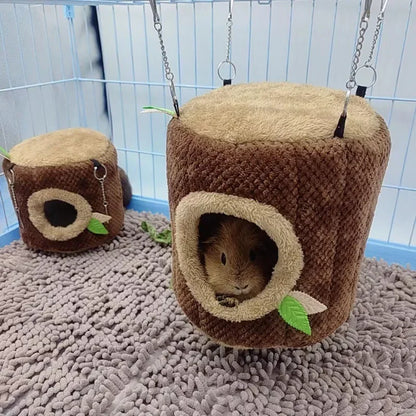 "Cozy Tree Stump Hamster Hammock – Warm Winter Hideaway for Small Pets!"