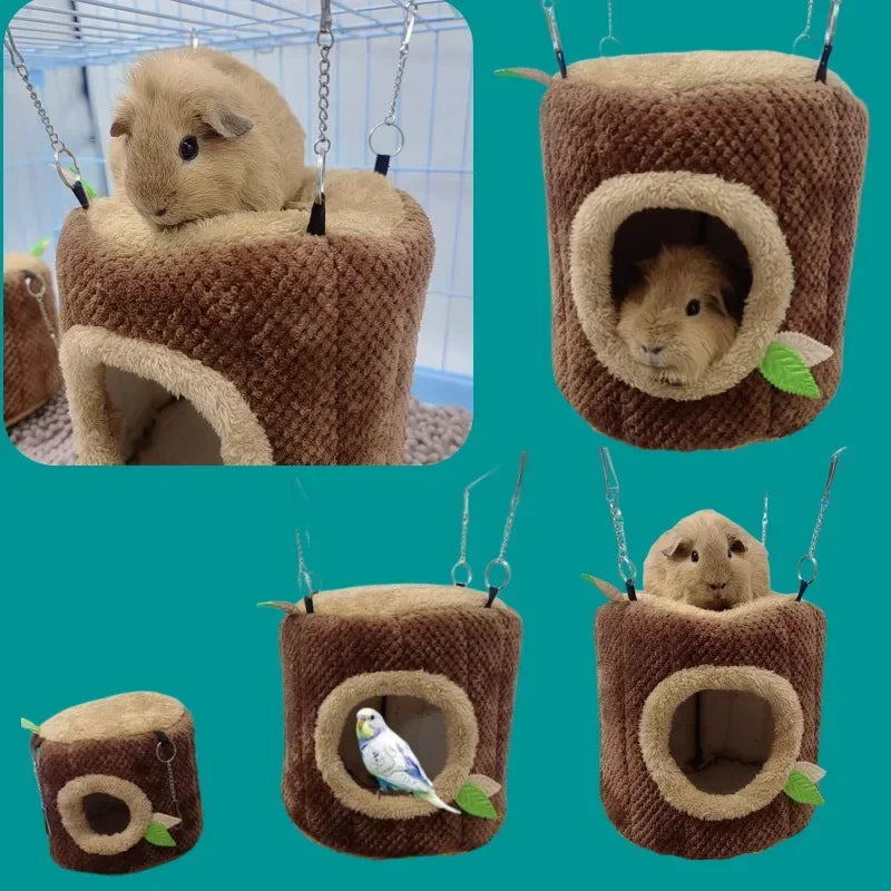 "Cozy Tree Stump Hamster Hammock – Warm Winter Hideaway for Small Pets!"