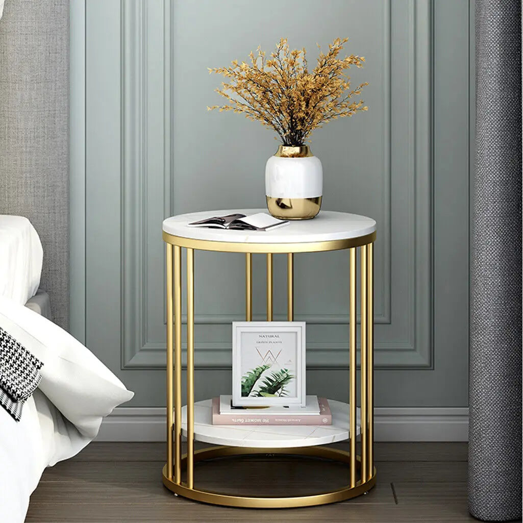 2-Tier White Marble Side Round Table Coffee Table / Nightstand 