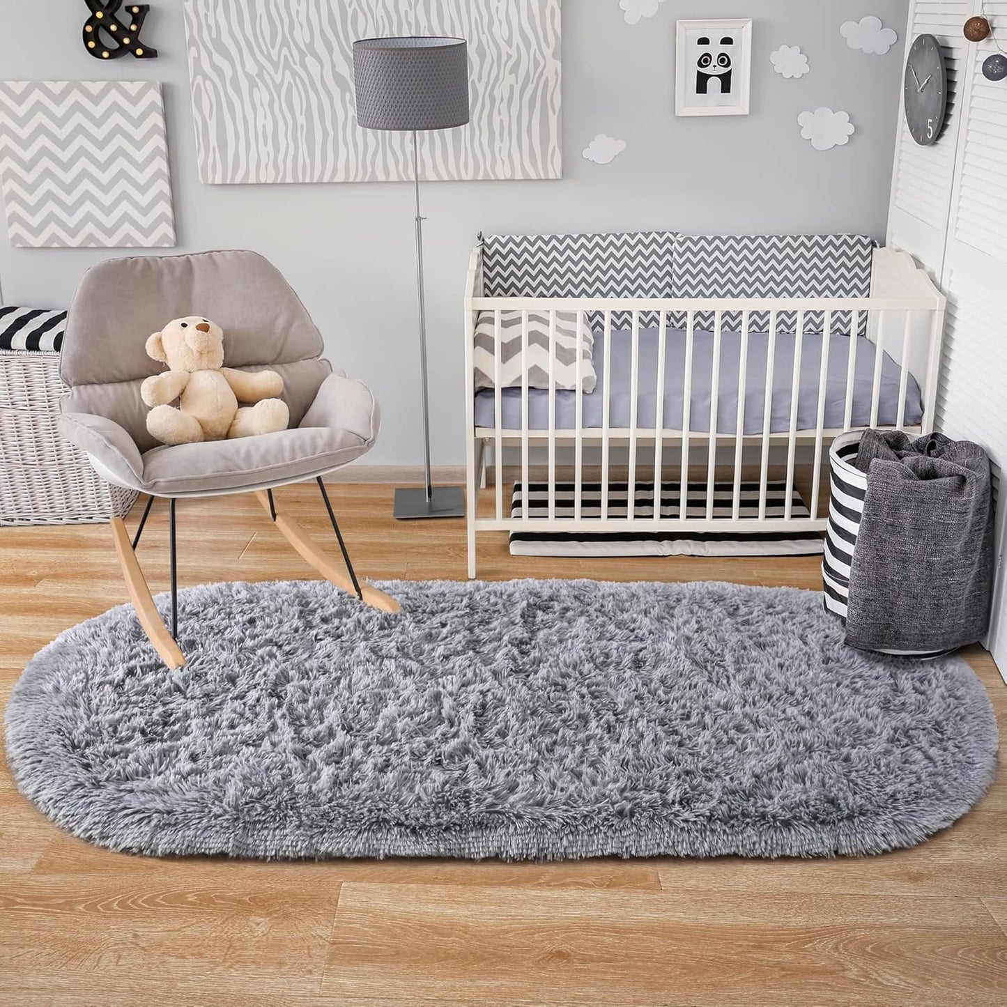 Ultra Soft Shaggy Grey Oval Rug 2.6' x 5.3' - Non-Slip Carpet for Bedroom, Kids Room, Living Room