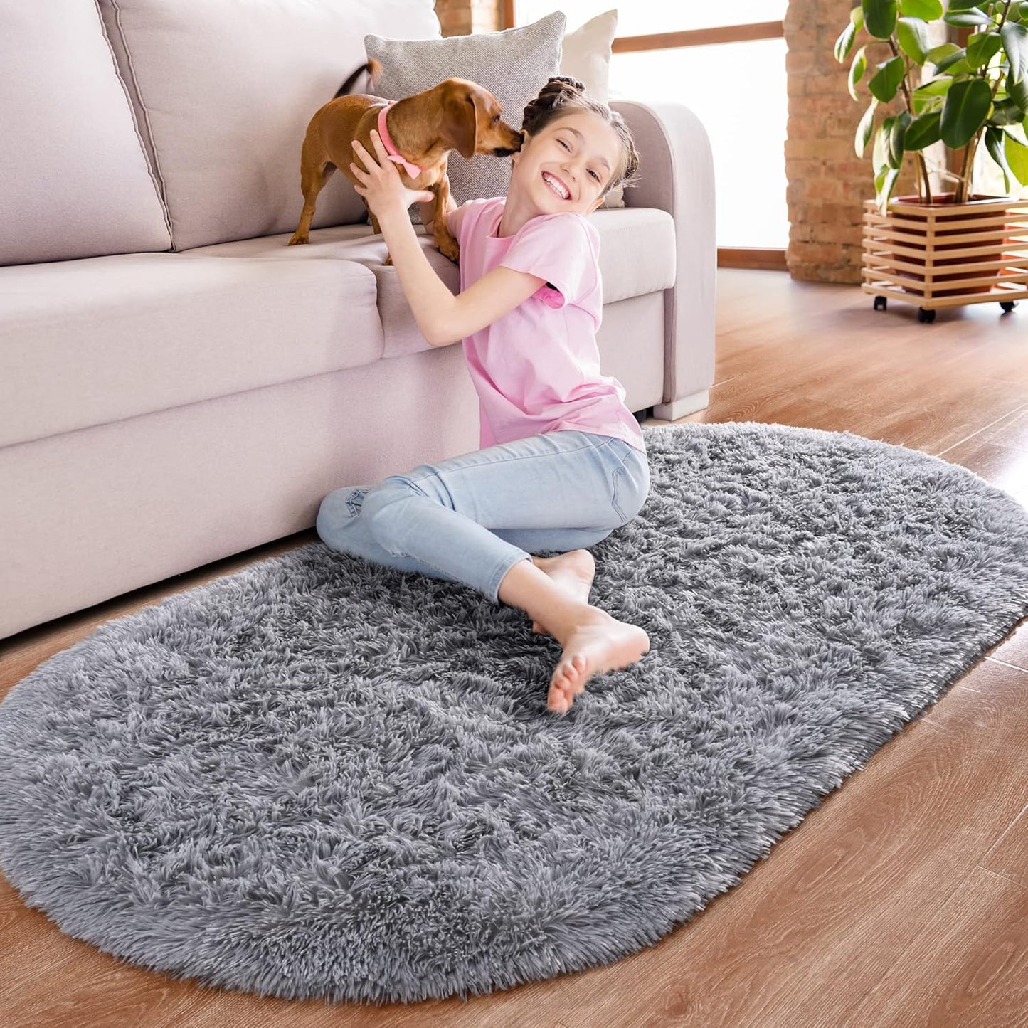 Ultra Soft Shaggy Grey Oval Rug 2.6' x 5.3' - Non-Slip Carpet for Bedroom, Kids Room, Living Room