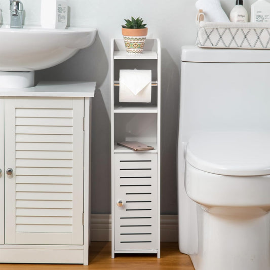  White Bathroom Storage Cabinet with Toilet Roll Holder for Small Spaces - Paper Holder Stand 