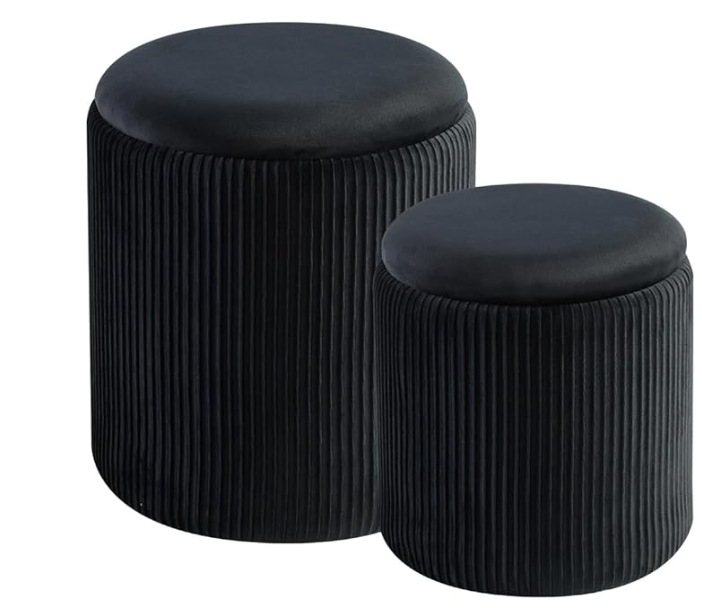 Set of 2 Round Velvet Storage Ottomans  (White / Black)