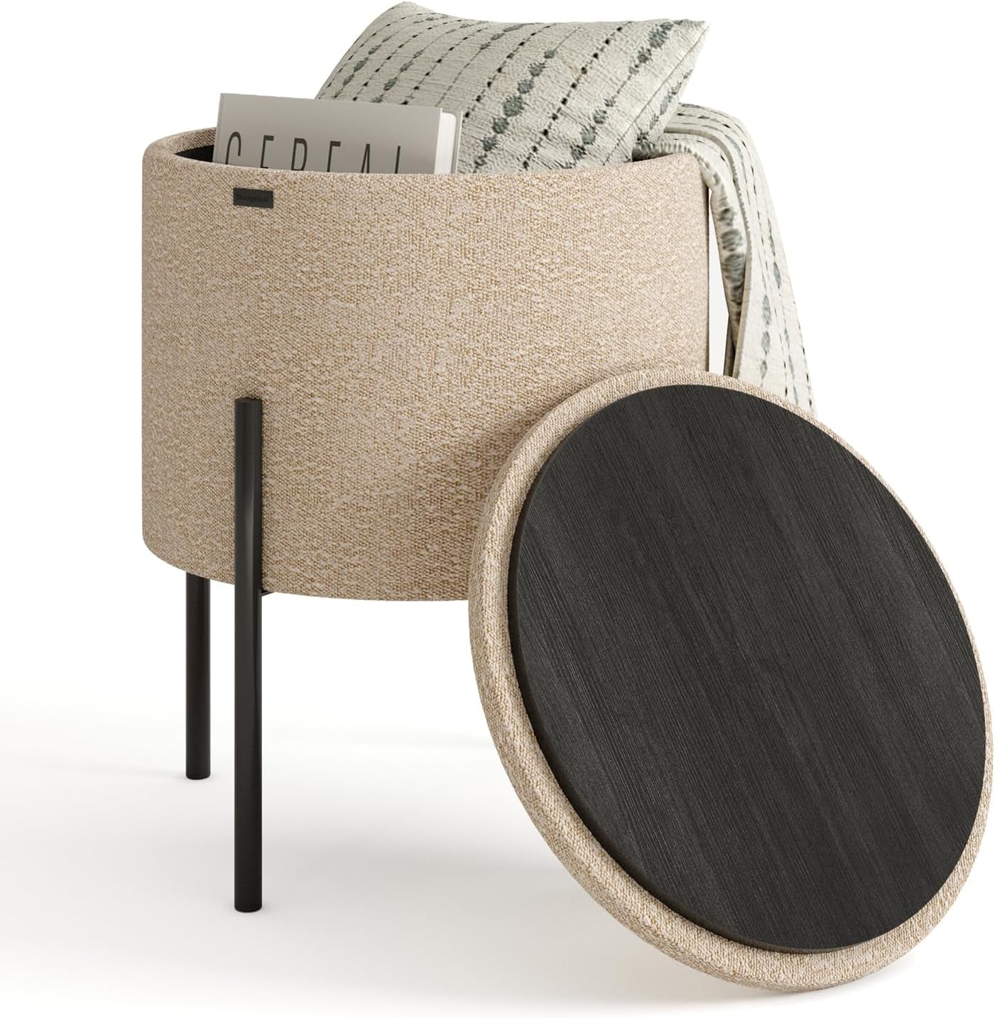 Round Ottoman with Storage – Modern Boucle Foot Stool & Vanity Seat for Living Room or Bedroom