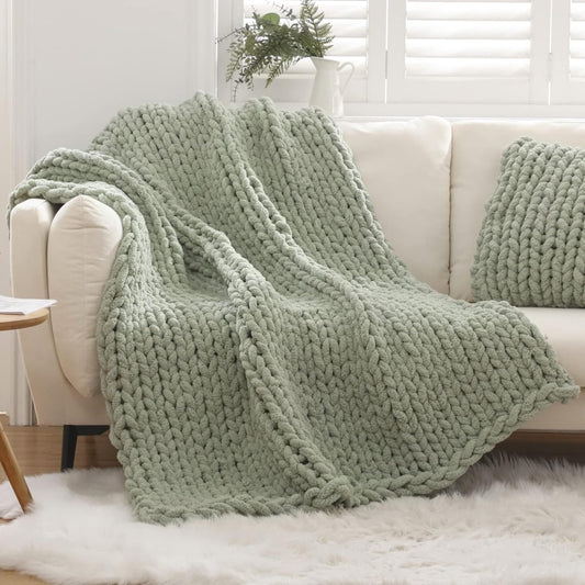 Chunky Knit Blanket – Handmade Chenille Throw Blanket for Couch and Bed (50"x60")