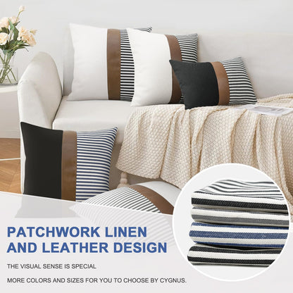 12X20 Pillow Covers Décor Stripe Patchwork Linen Throw Lumbar Modern Faux Leather Set of 2 for Couch Sofa, Black