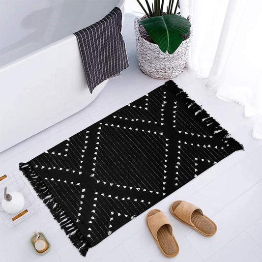 Small Black Boho Moroccan Bathroom Rug with Tassel.