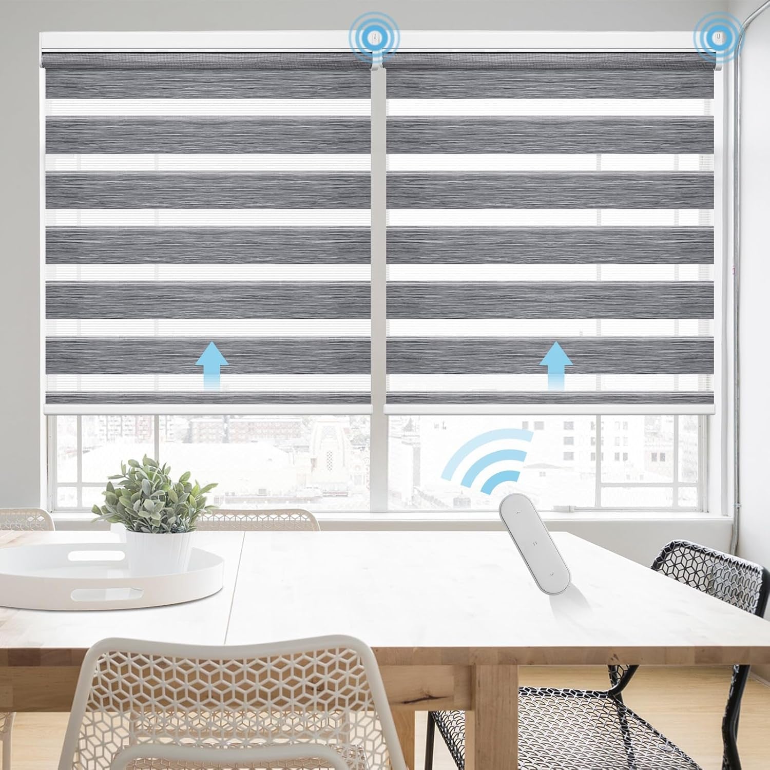 Motorized Zebra Blinds - Custom Electric Window Shades with Remote & Smart Control, Hemp Grey (24" W x 72" H)