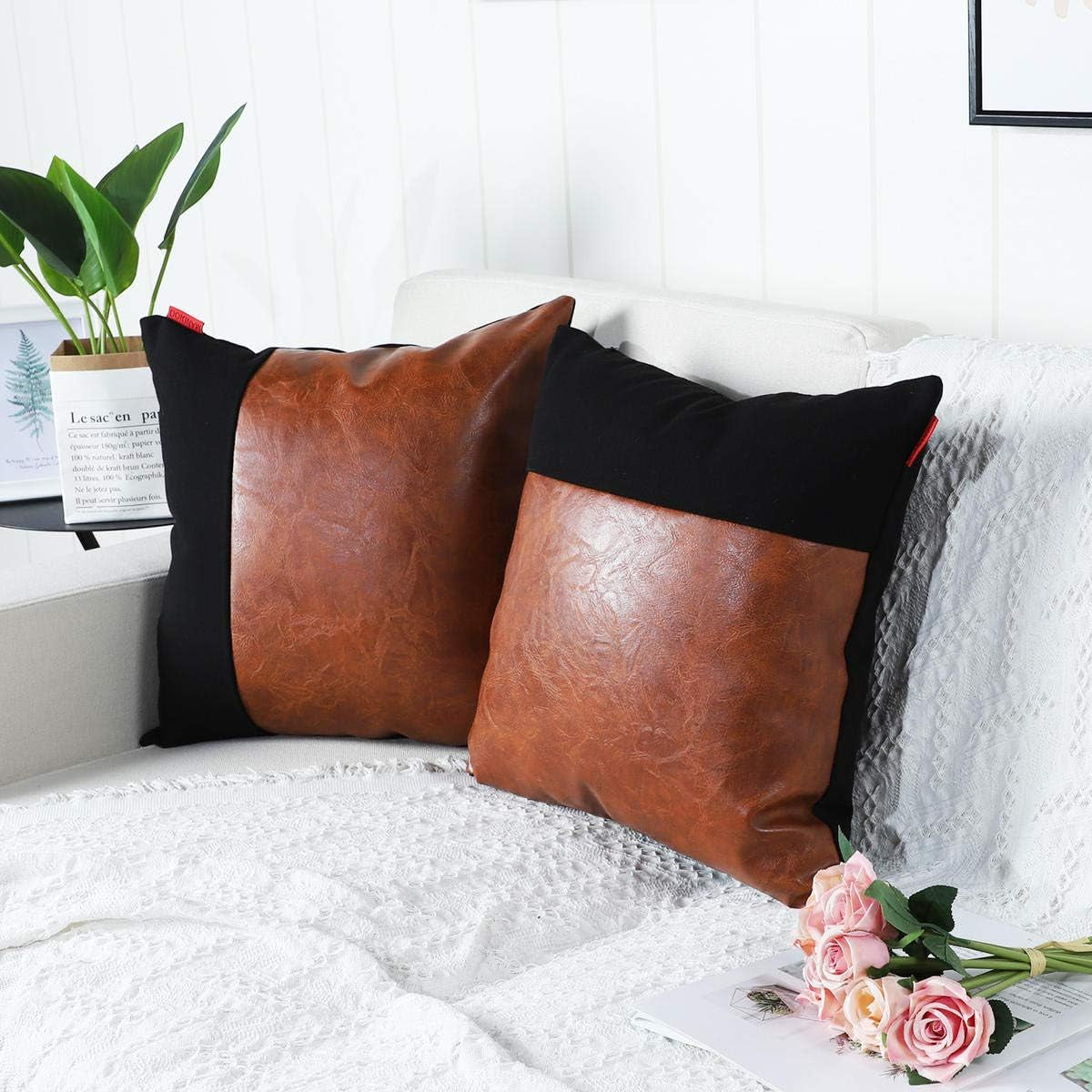 Set of 2 Luxury Boho Decorative Lumbar Throw Pillow Covers Cushion Cases Faux Leather and Cotton Farmhouse Pillowcases for Couch Sofa 12X12 Inches Brown Black